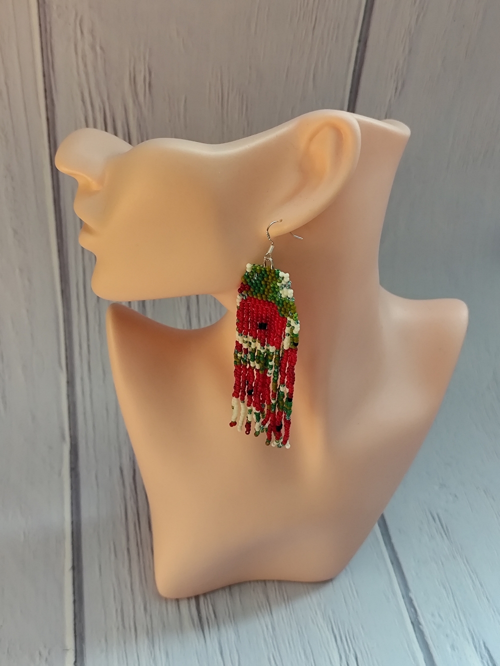 Handmade Beaded Fringe Earrings in Red, Green and Cream